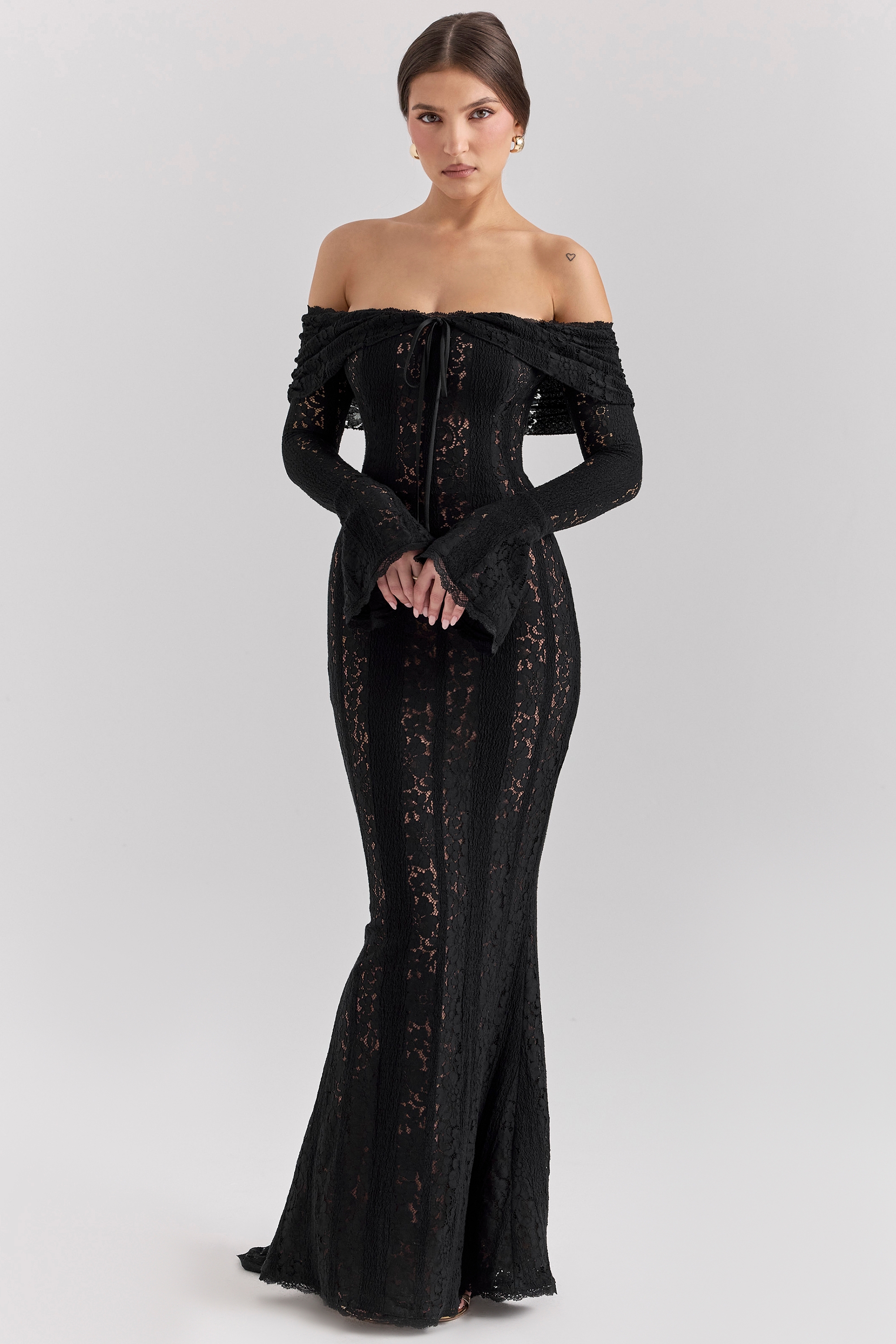 Belle-Black Off Shoulder Floral Lace Maxi Dress