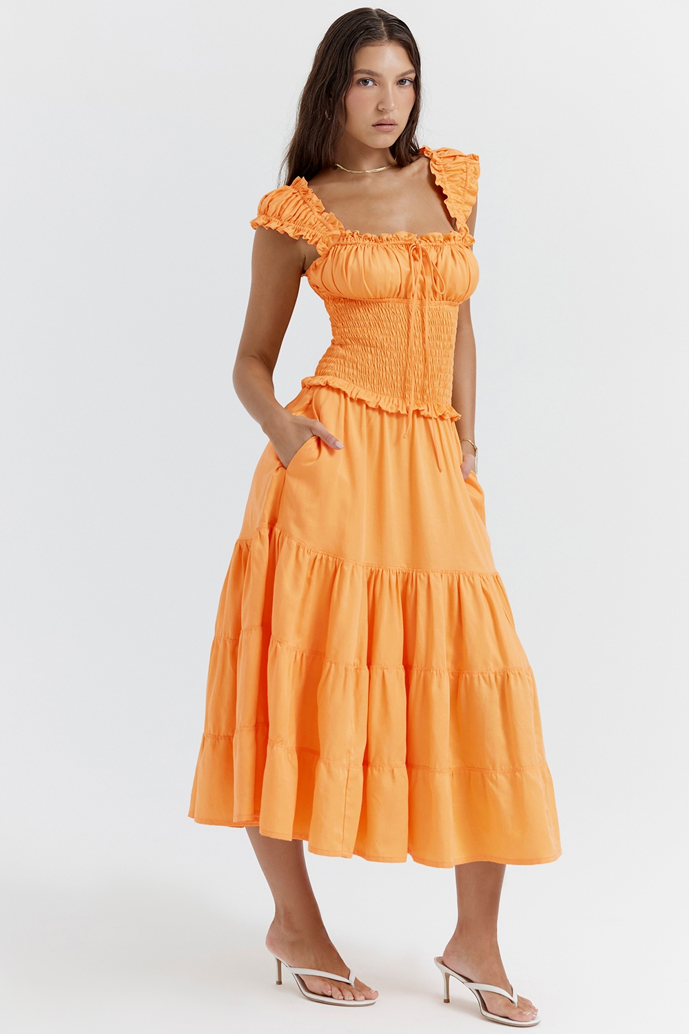 Phedra-Tangerine Shirred Sundress