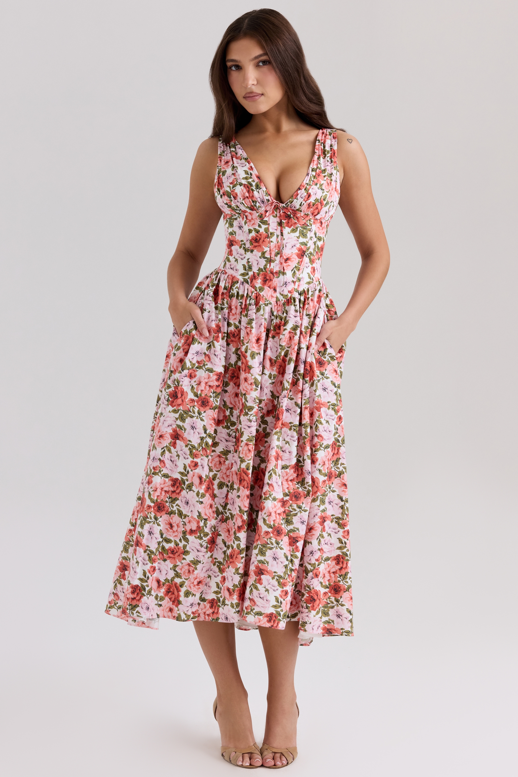 Emmelina-Floral Rose Print Stretch Cotton Corset Sundress