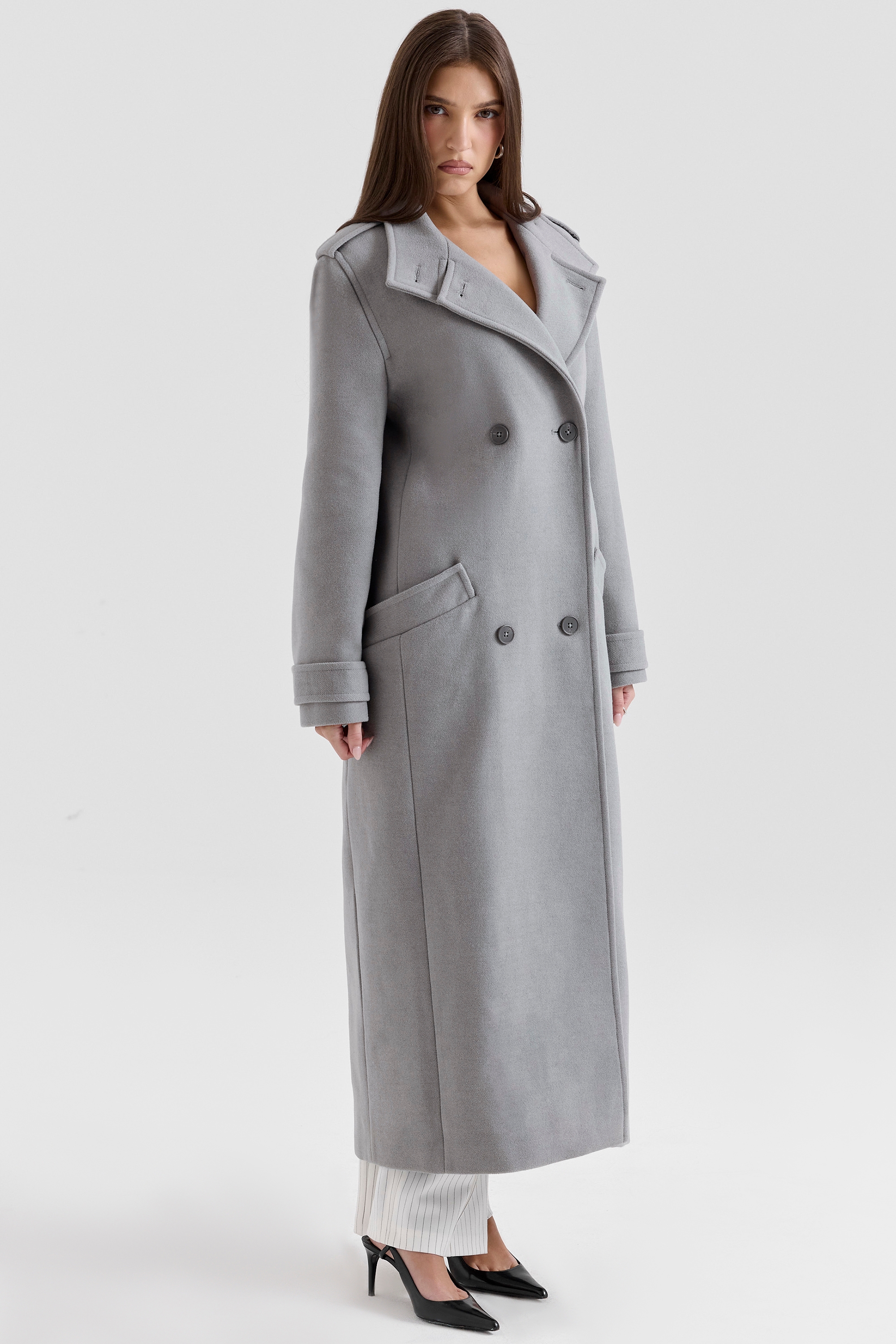 Sander-Grey Double Breasted Funnel Neck Coat