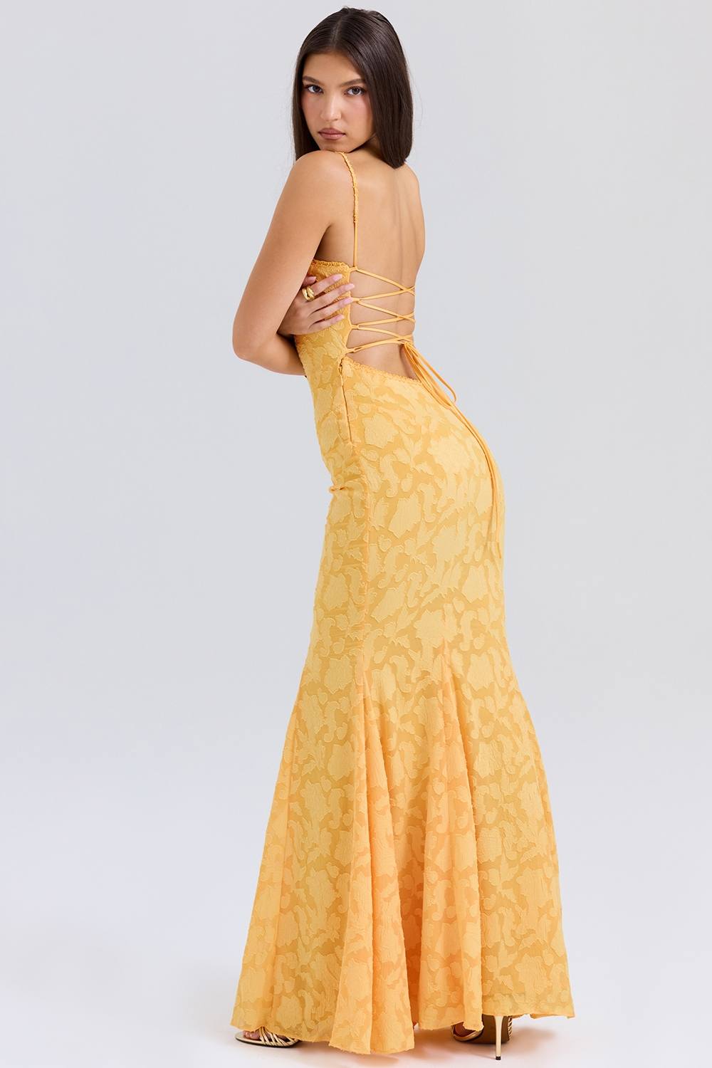 Joan-Apricot Lace Up Back Maxi Dress