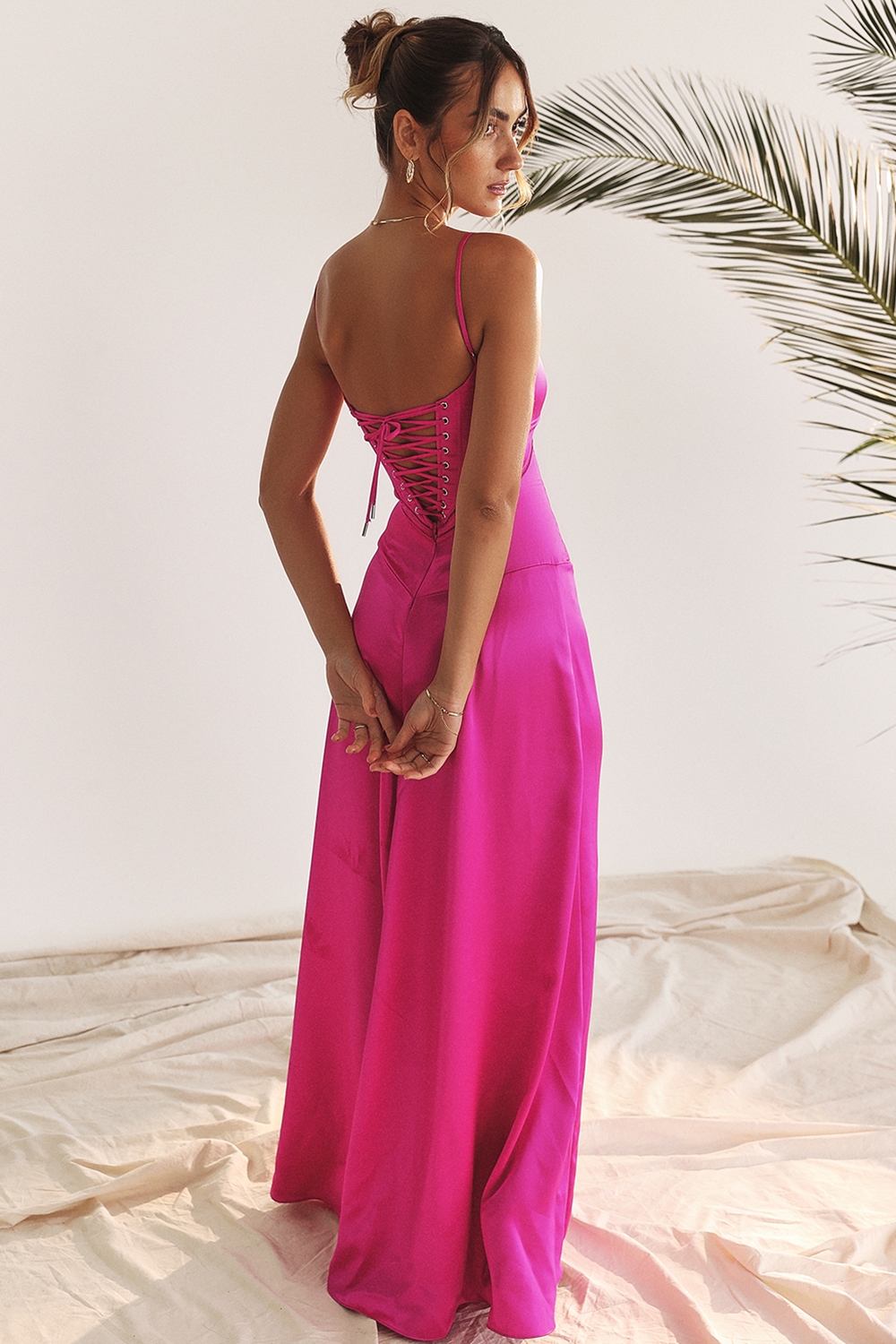Anabella-Fuchsia Lace Up Maxi Dress