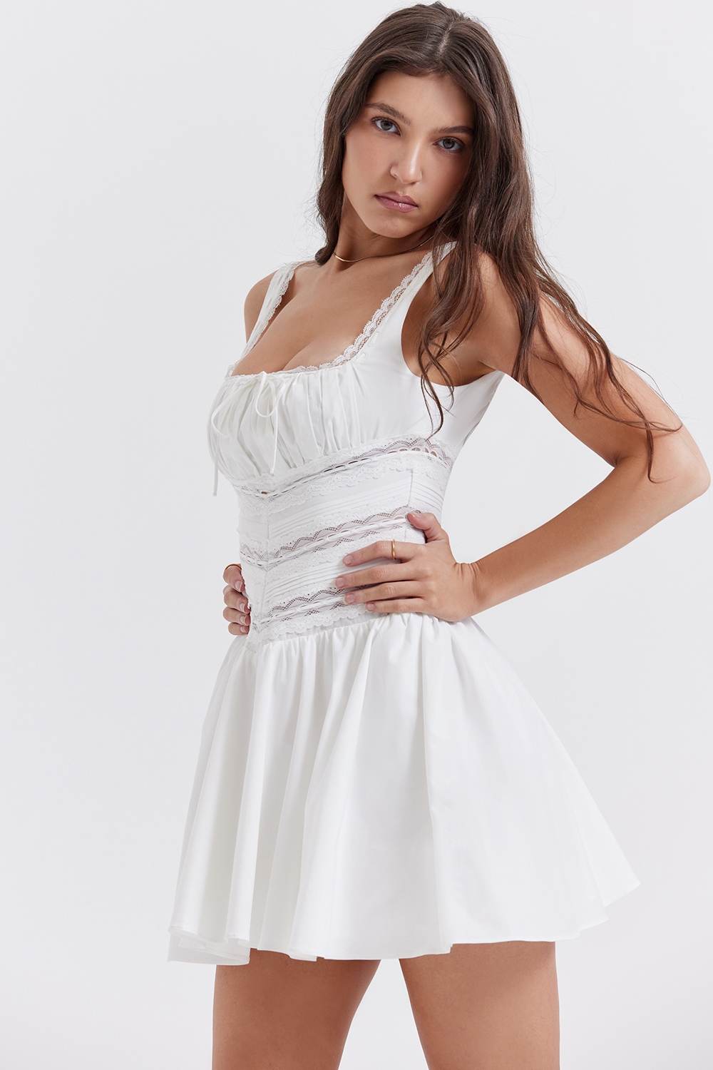 Tiffani-White Lace Trim Mini Dress