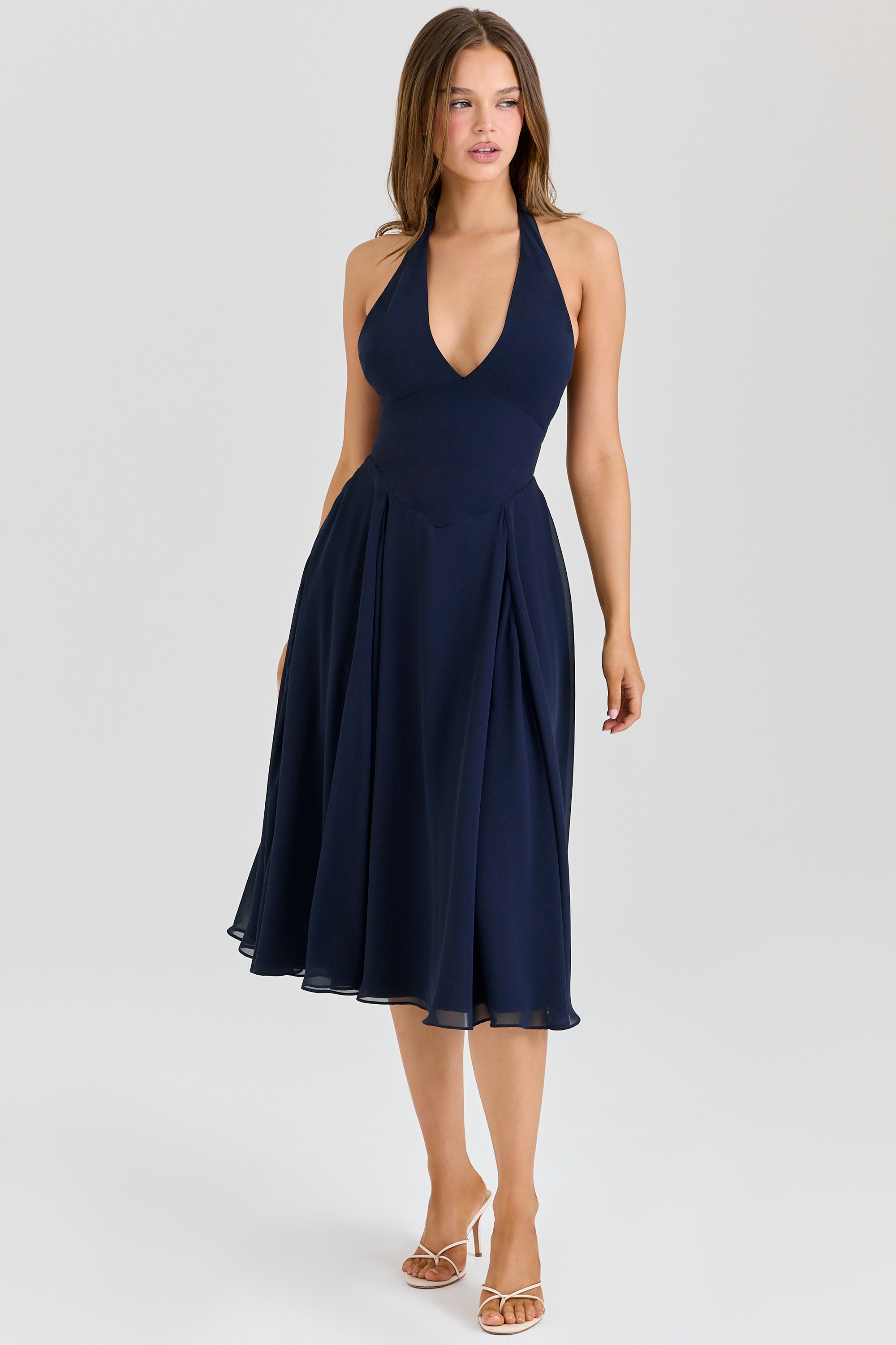 Solada-Navy Georgette Halter Midi Dress