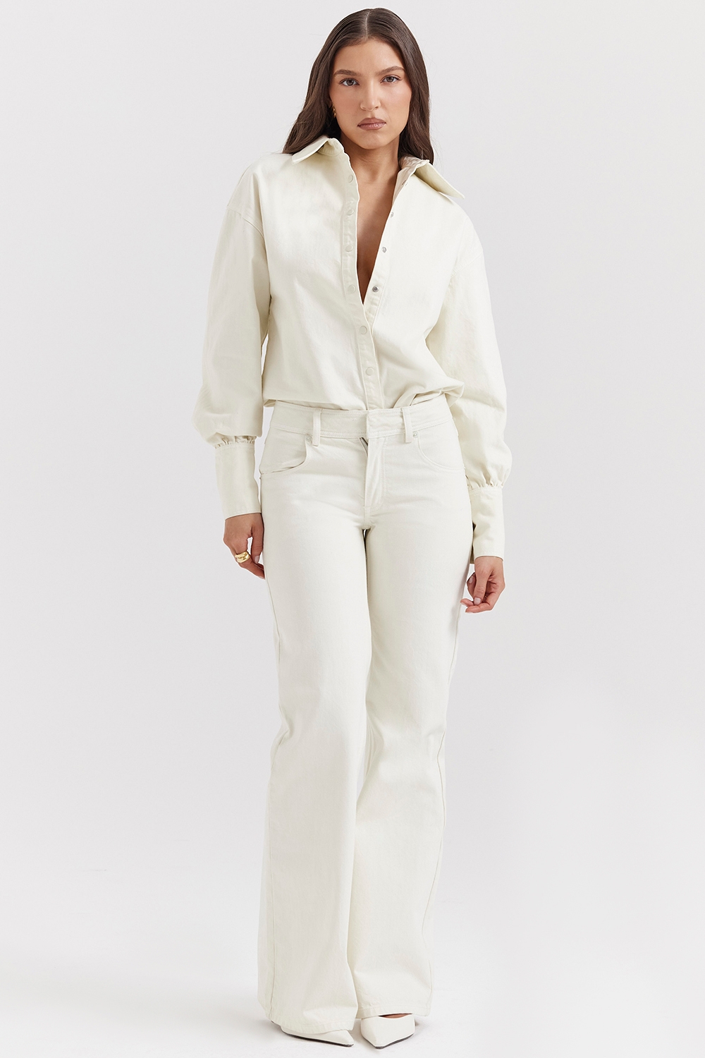 Marli-Ivory Wide Leg Flared Jeans