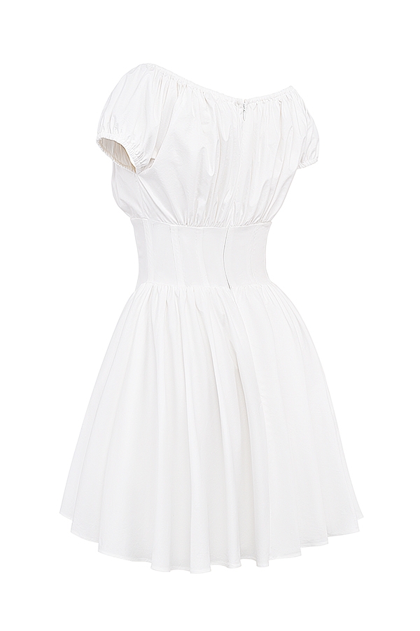 Nala-White Cotton Gathered Mini Dress