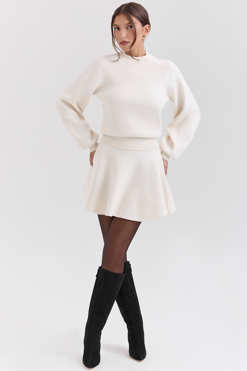 Rosina-Cream Wool Cashmere Flounce Mini Skirt