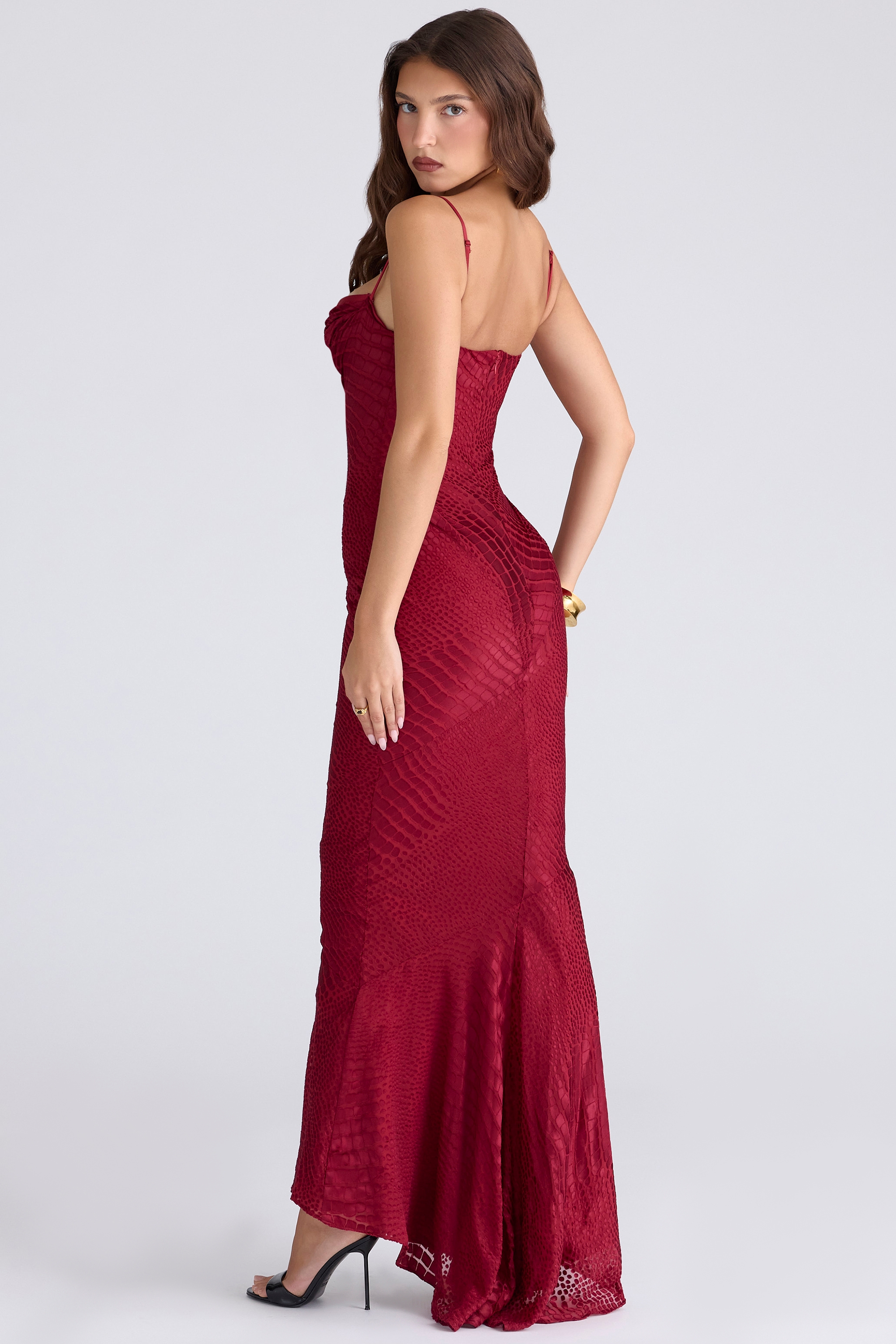 Nalani-Deep Red Devoré Satin Maxi Gown - Limited Edition