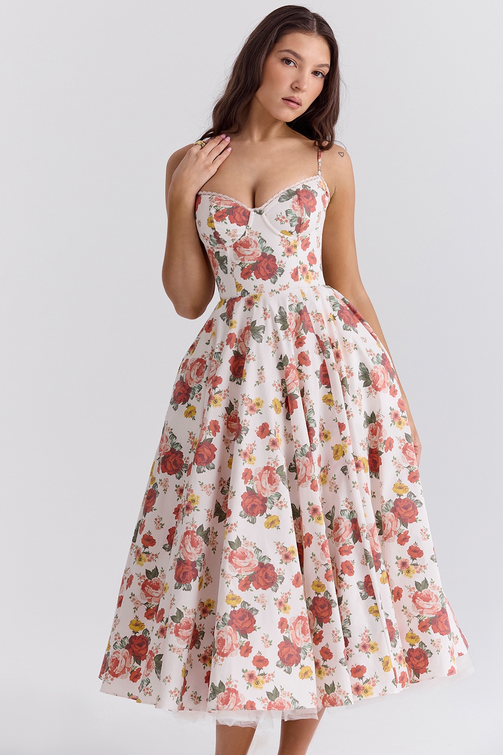 Mademoiselle-Italian Rose Print Tulle Midi Dress