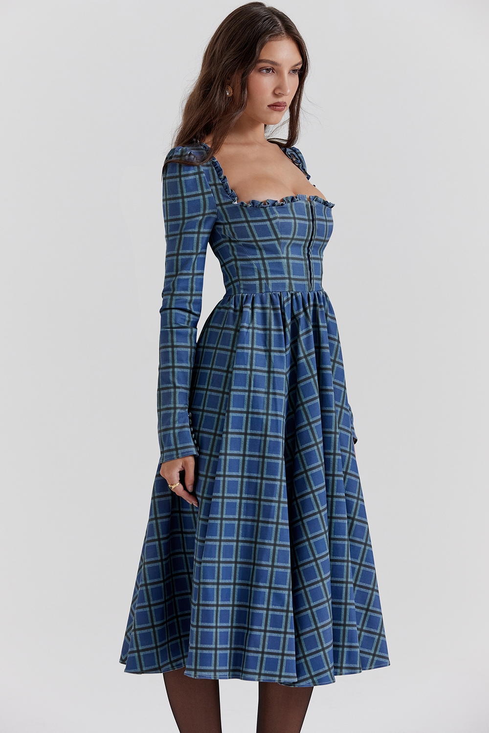 Delia-Blue Tartan Midi Dress
