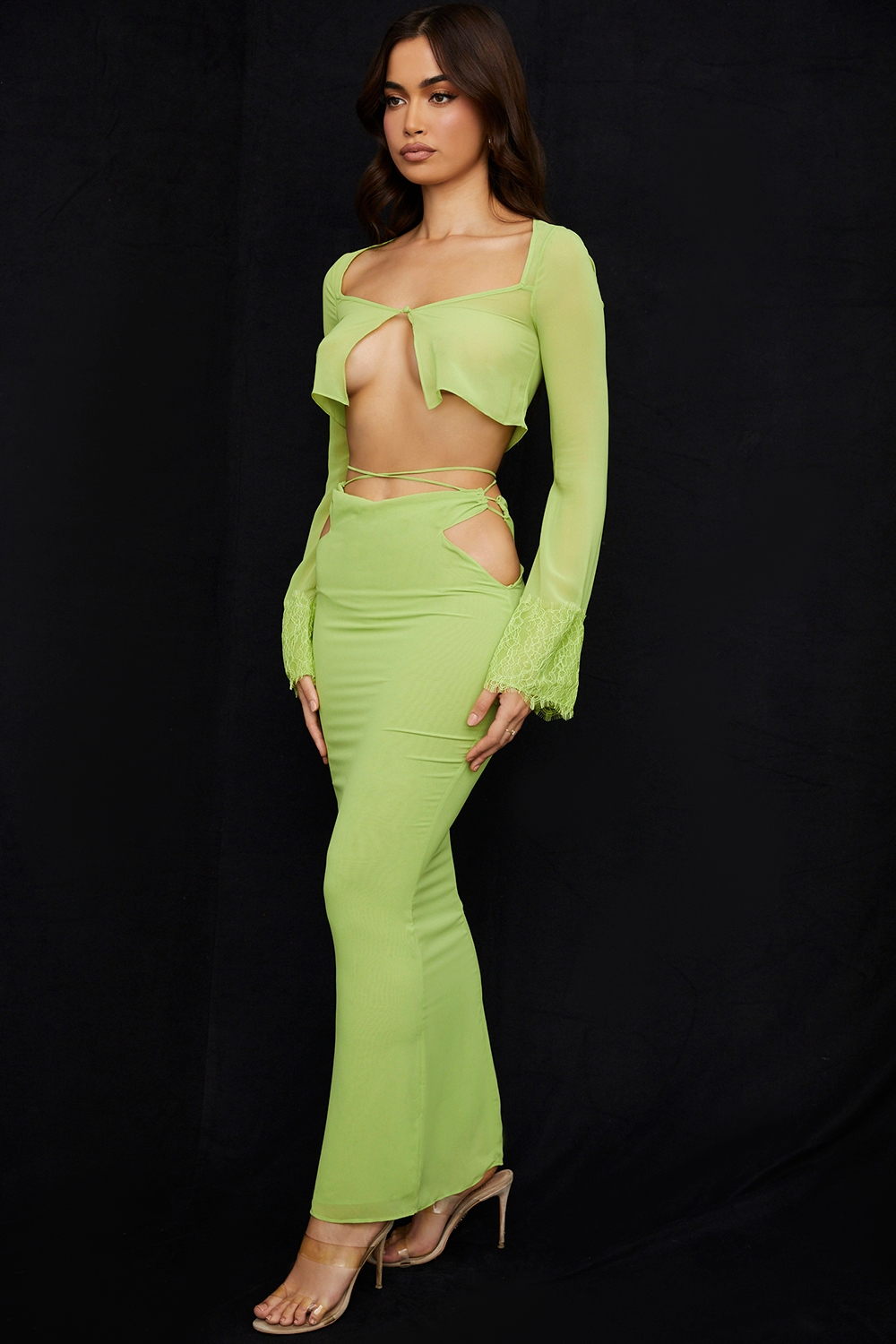 Madeline-Lime Green Georgette Maxi Skirt