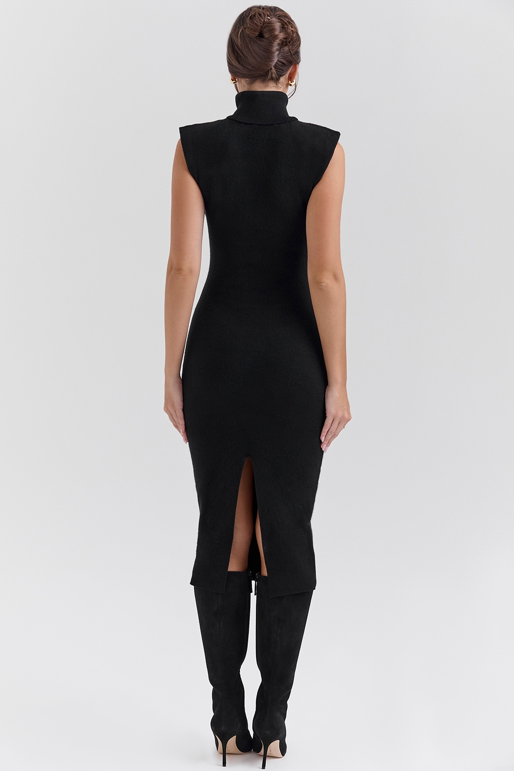 Gaia-Black Cashmere Blend Turtle Neck Midi Dress