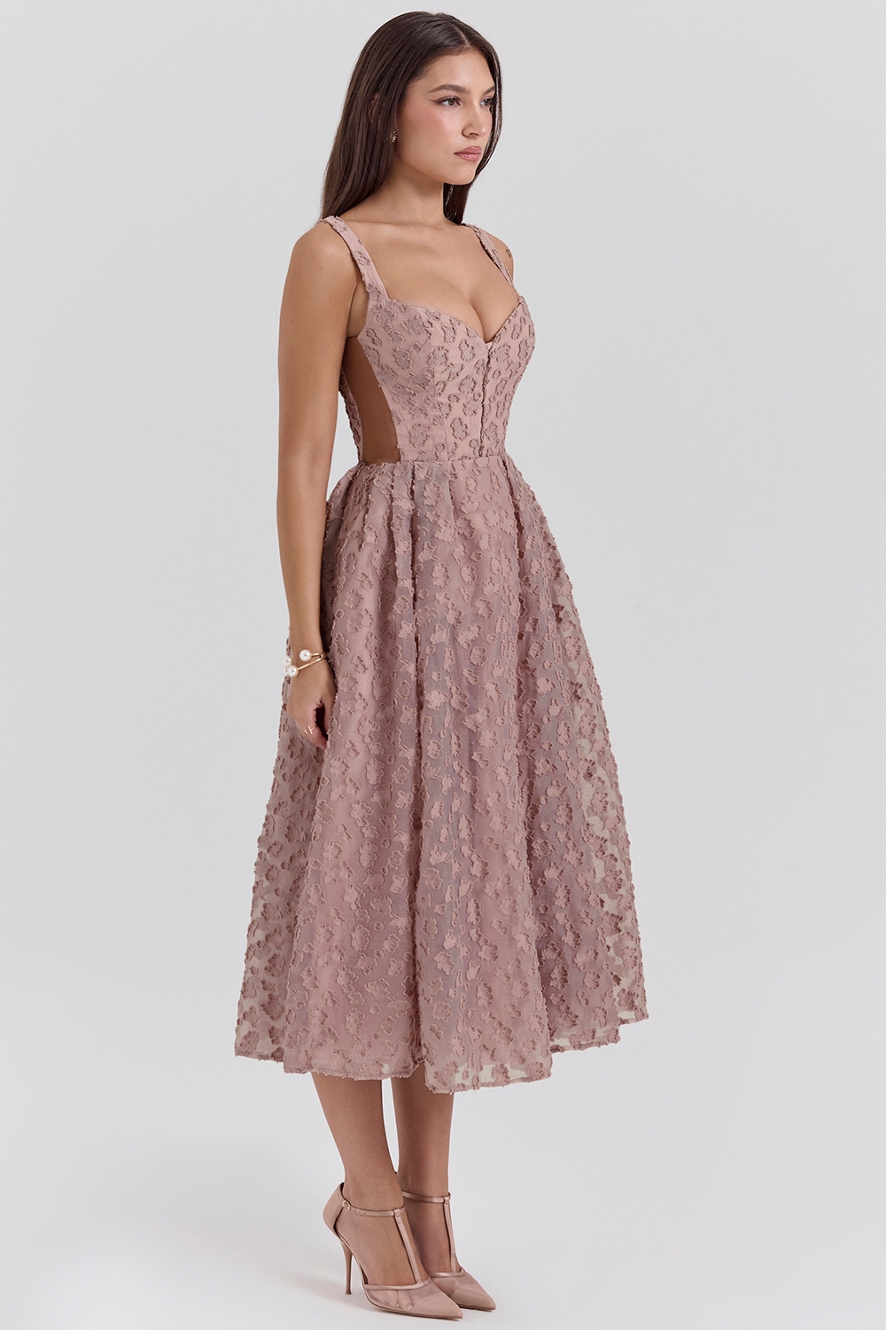 Lovely-French Rose Jacquard Sweetheart Neckline Midi Dress - SALE