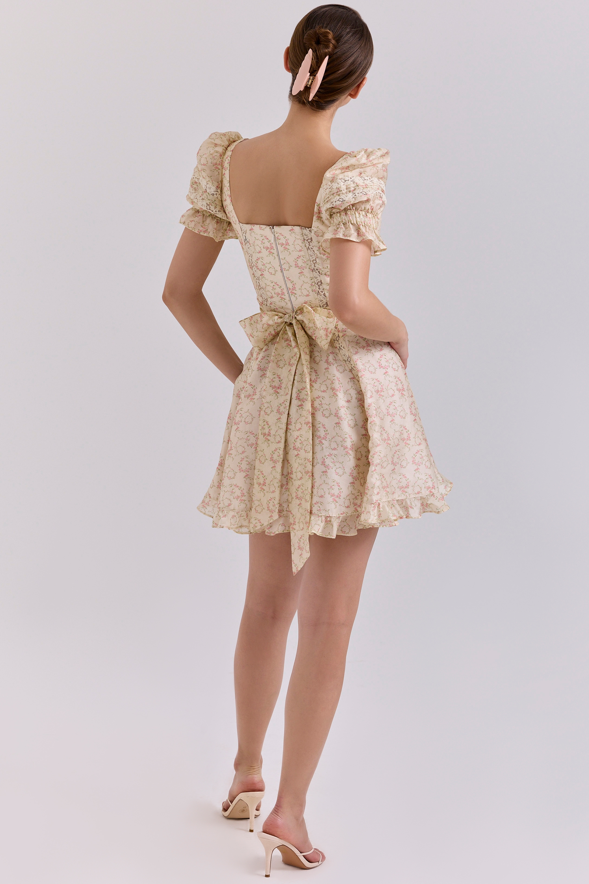 Melita-Cream Floral Print Chiffon Puff Sleeve Mini Dress