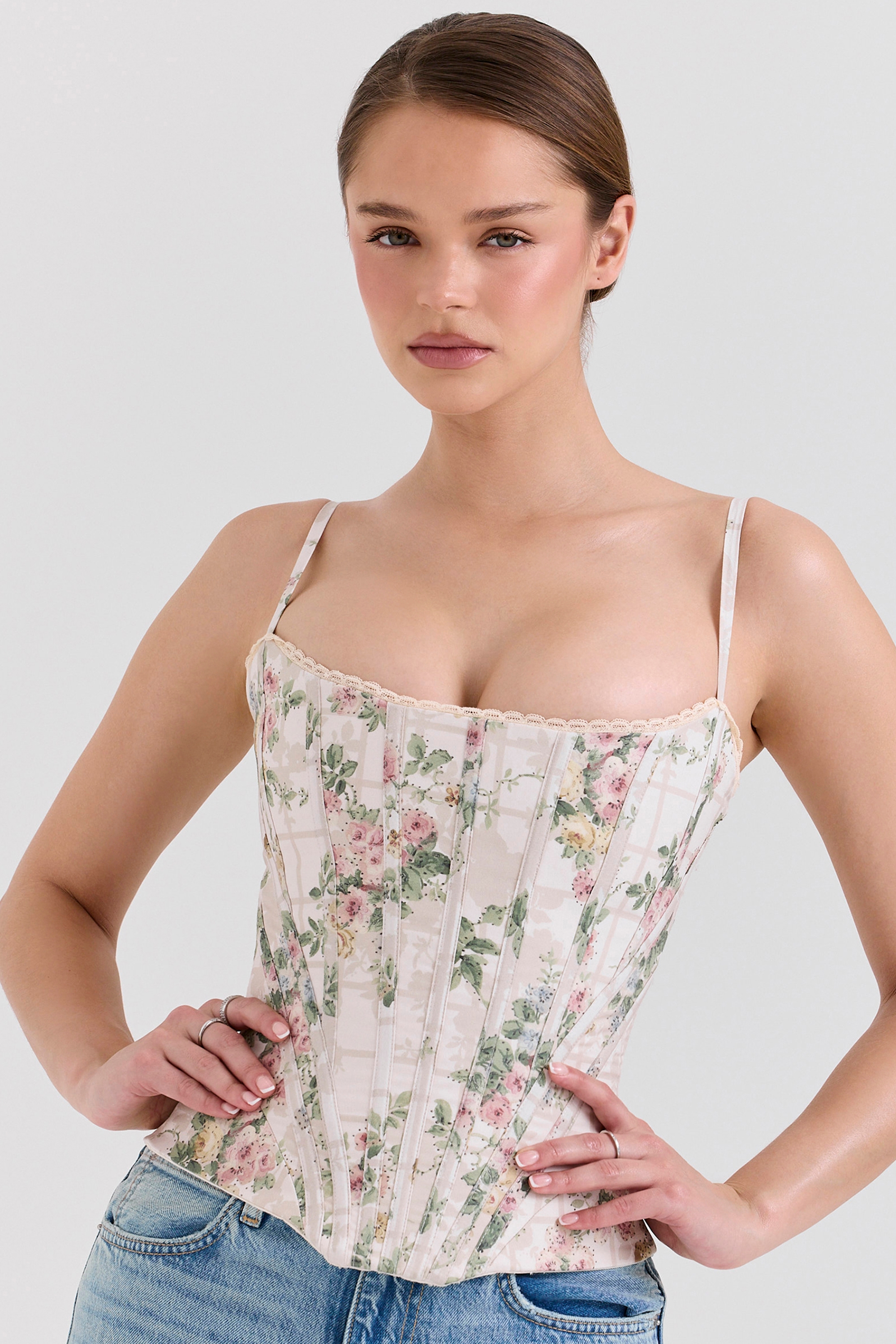Cadie-Cream Floral Cotton Corset Top