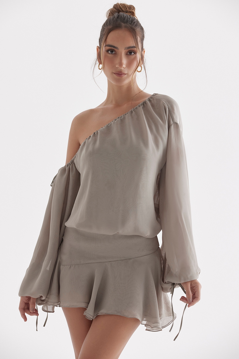 Wilhelmina-Ash Green Off Shoulder Dress