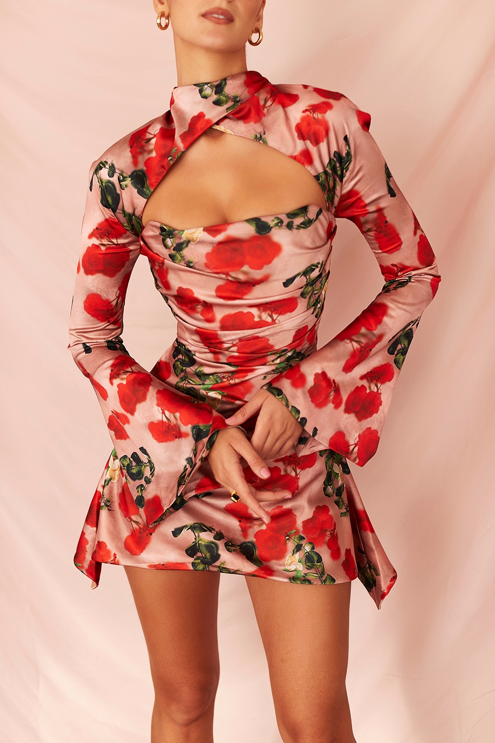 Toira-Rose Print Draped Corset Dress