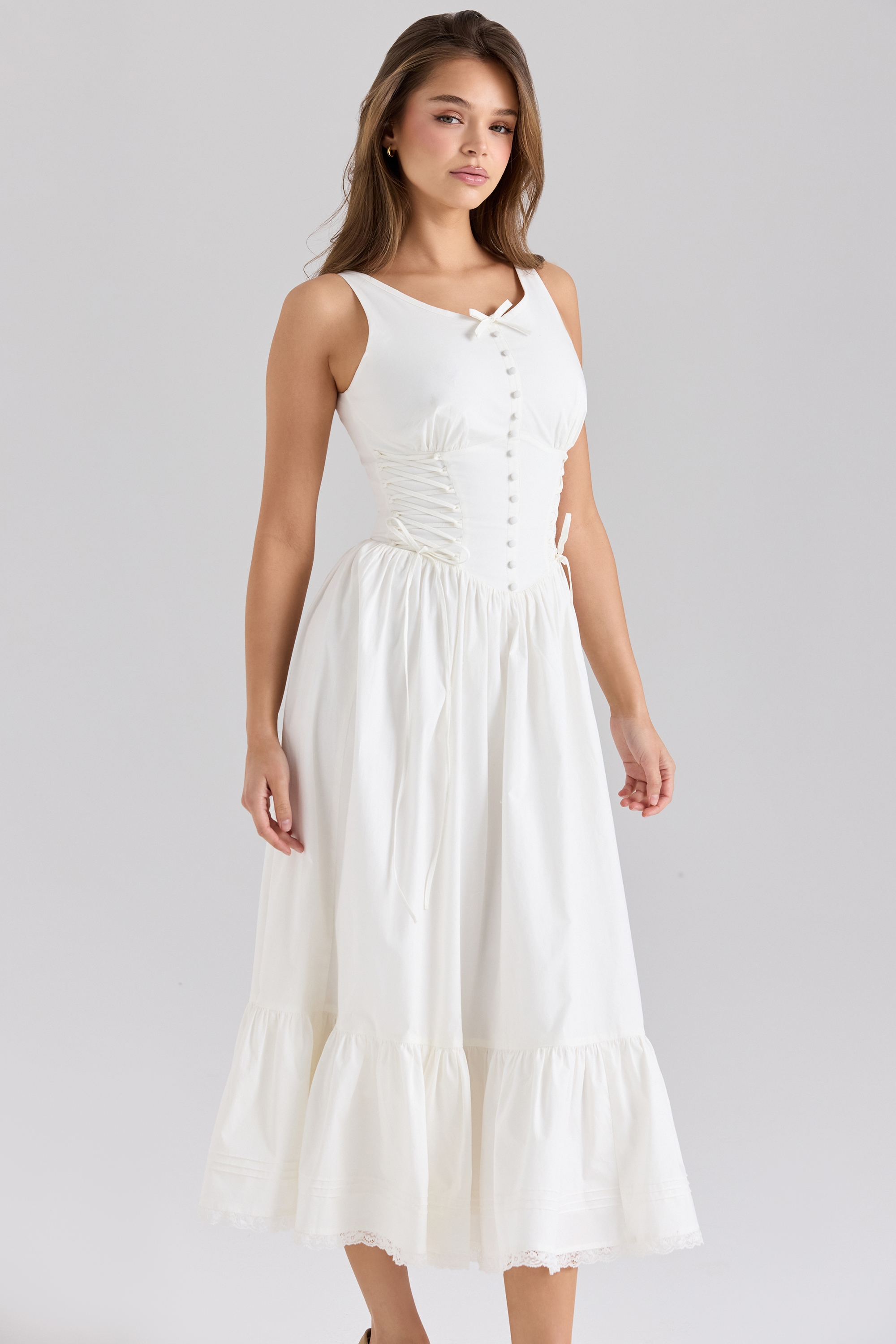 Sienna-White Stretch Cotton Lace Up Midi Dress