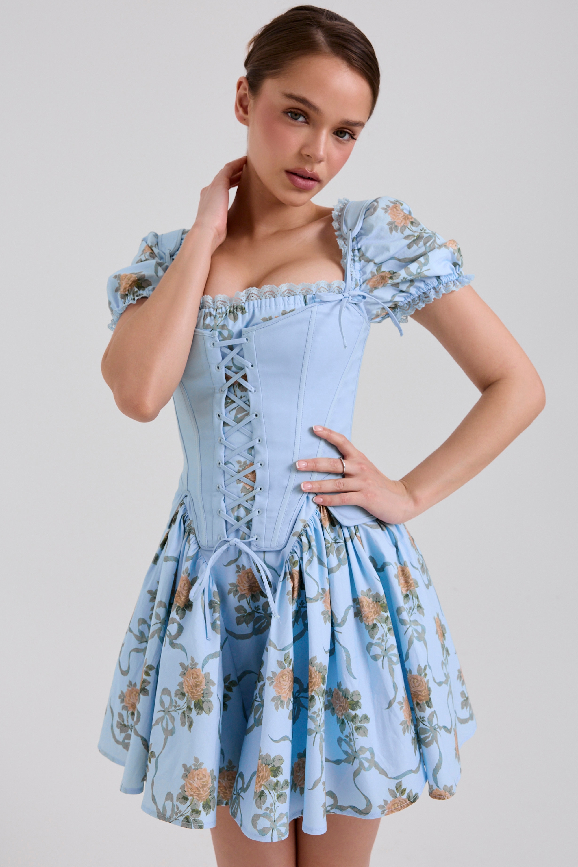 Rosie-Blue Rose Print Cotton Mini Dress