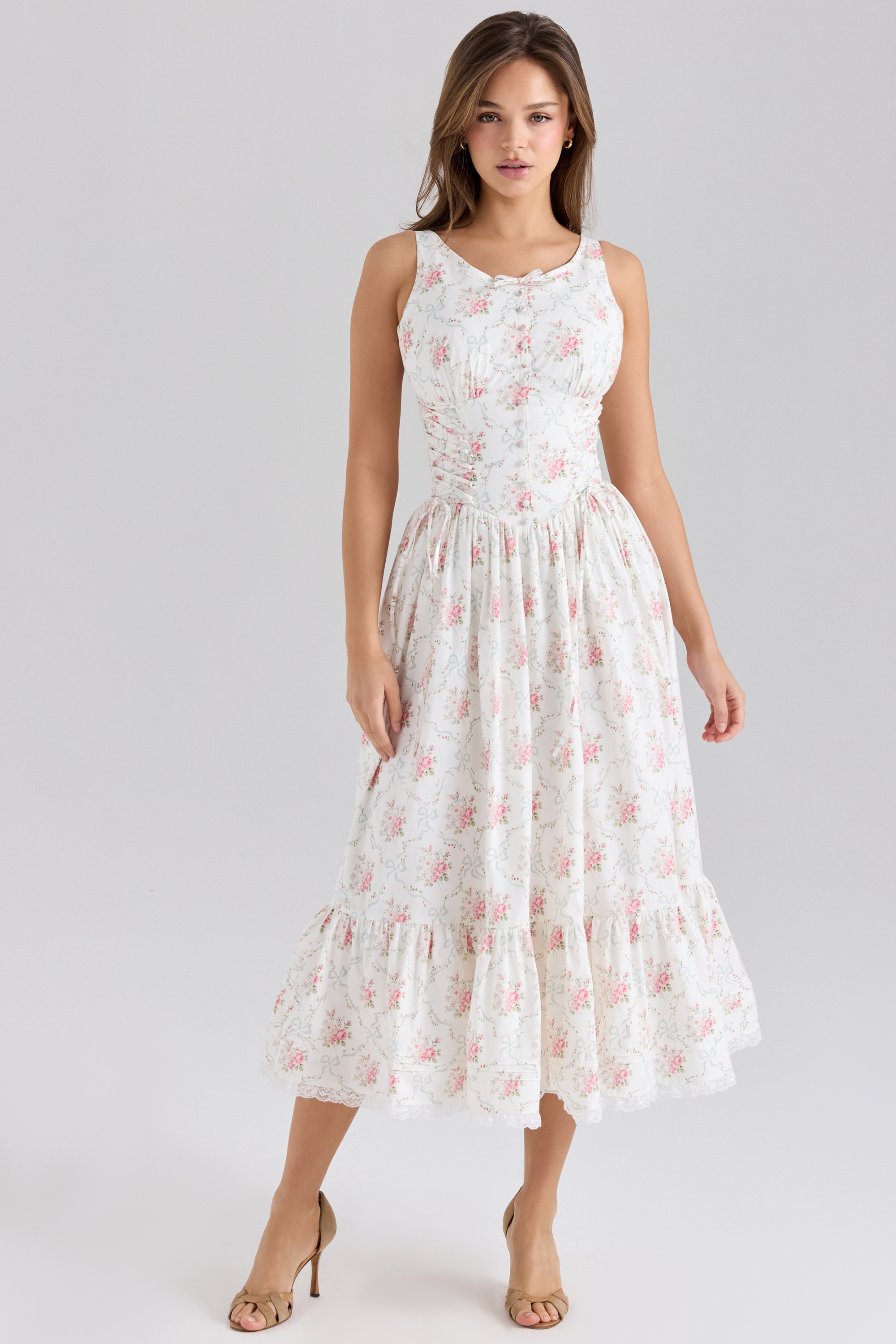 Sienna-Rose Print Stretch Cotton Lace Up Midi Dress