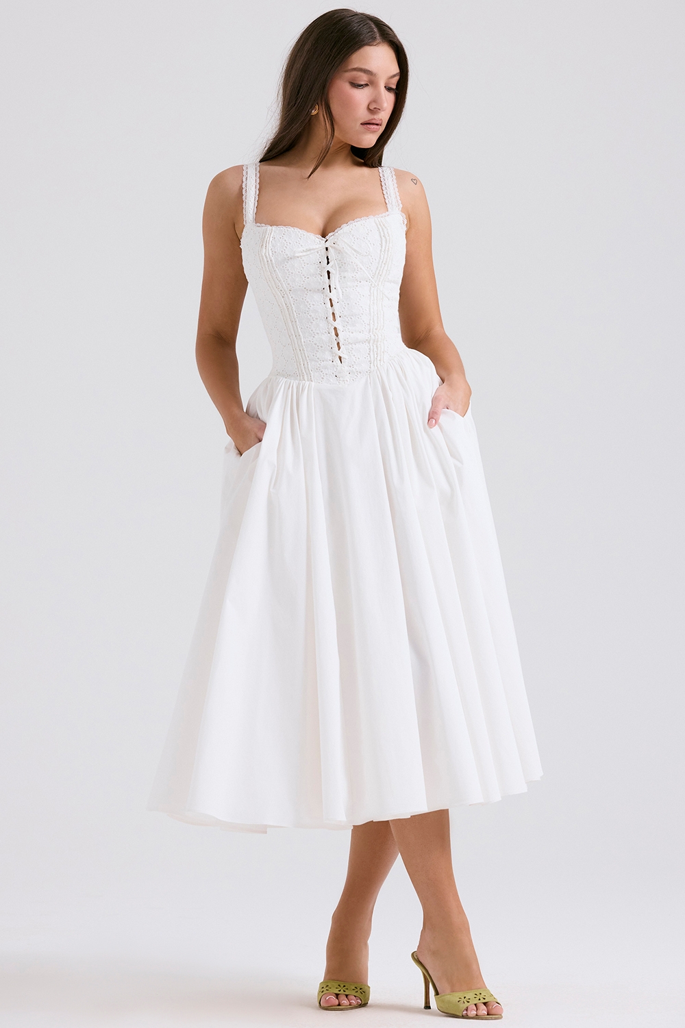 Milia-White Broderie Anglais & Cotton Midi Dress