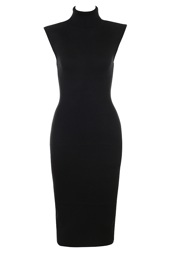 Gaia-Black Cashmere Blend Turtle Neck Midi Dress