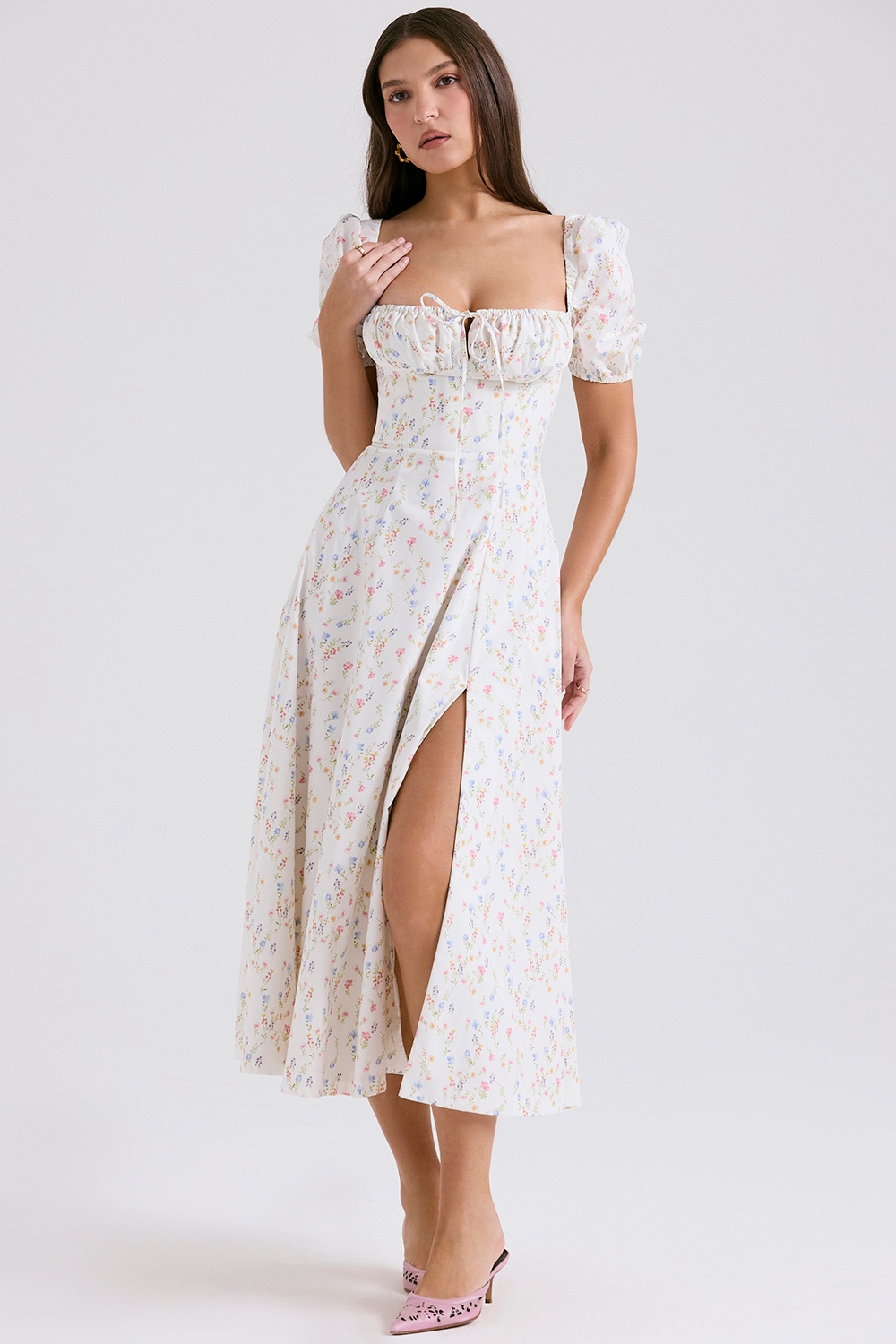 Tallulah-White Posy Print Cotton Puff Sleeve Midi Sundress