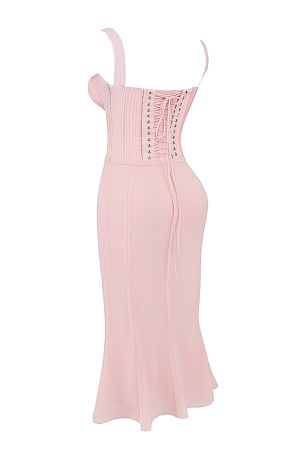 Syrah-Soft Peach Lace Back Midi Dress