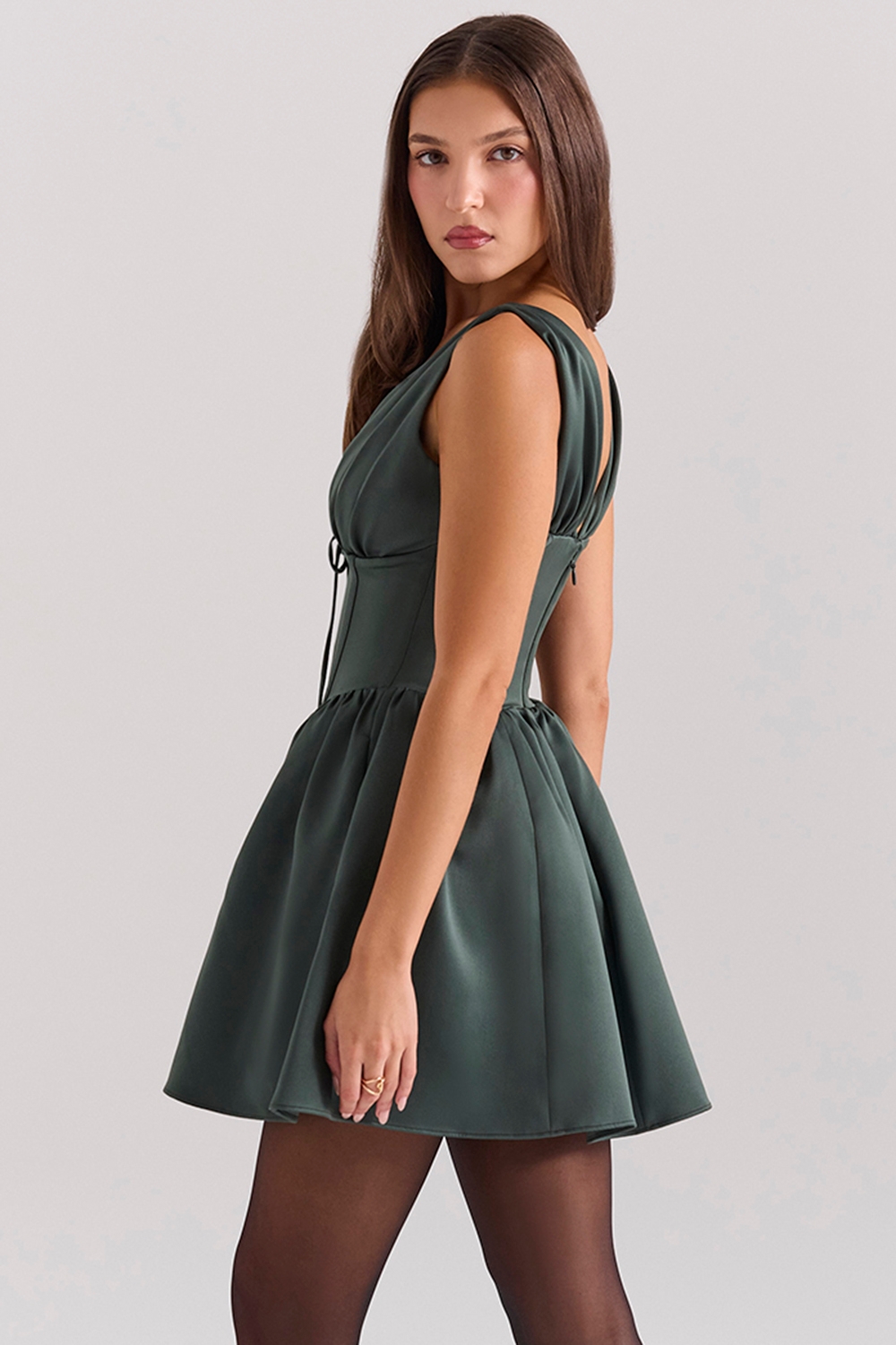 Emmeliette-Forest Green Satin Mini Dress