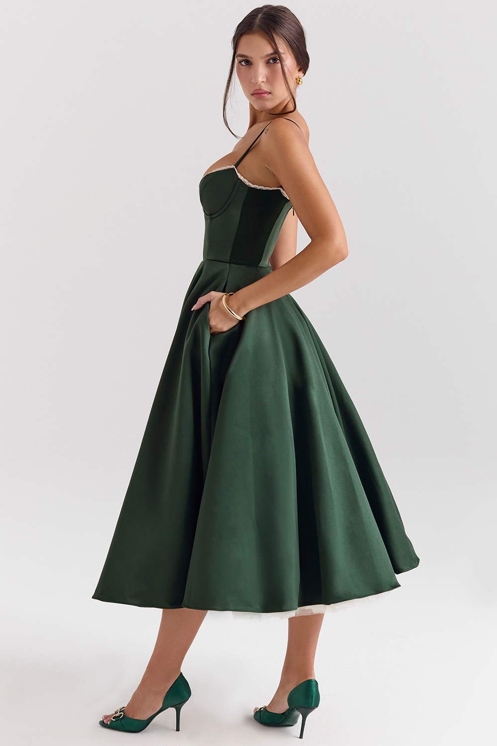 Mademoiselle-Forest Green Satin Tulle Midi Dress