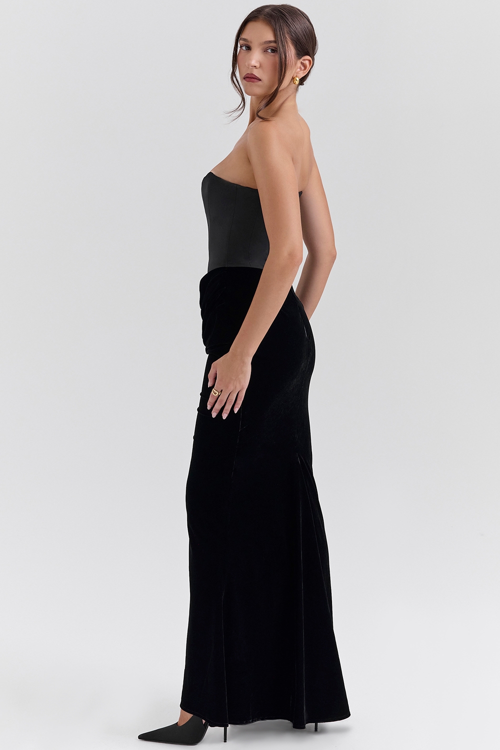 Persephone-Black Velvet Strapless Corset Maxi Dress