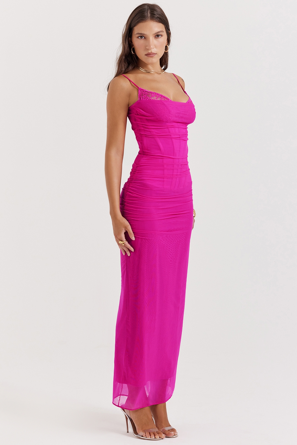 Nalini-Fuchsia Stretch Mesh Maxi Dress