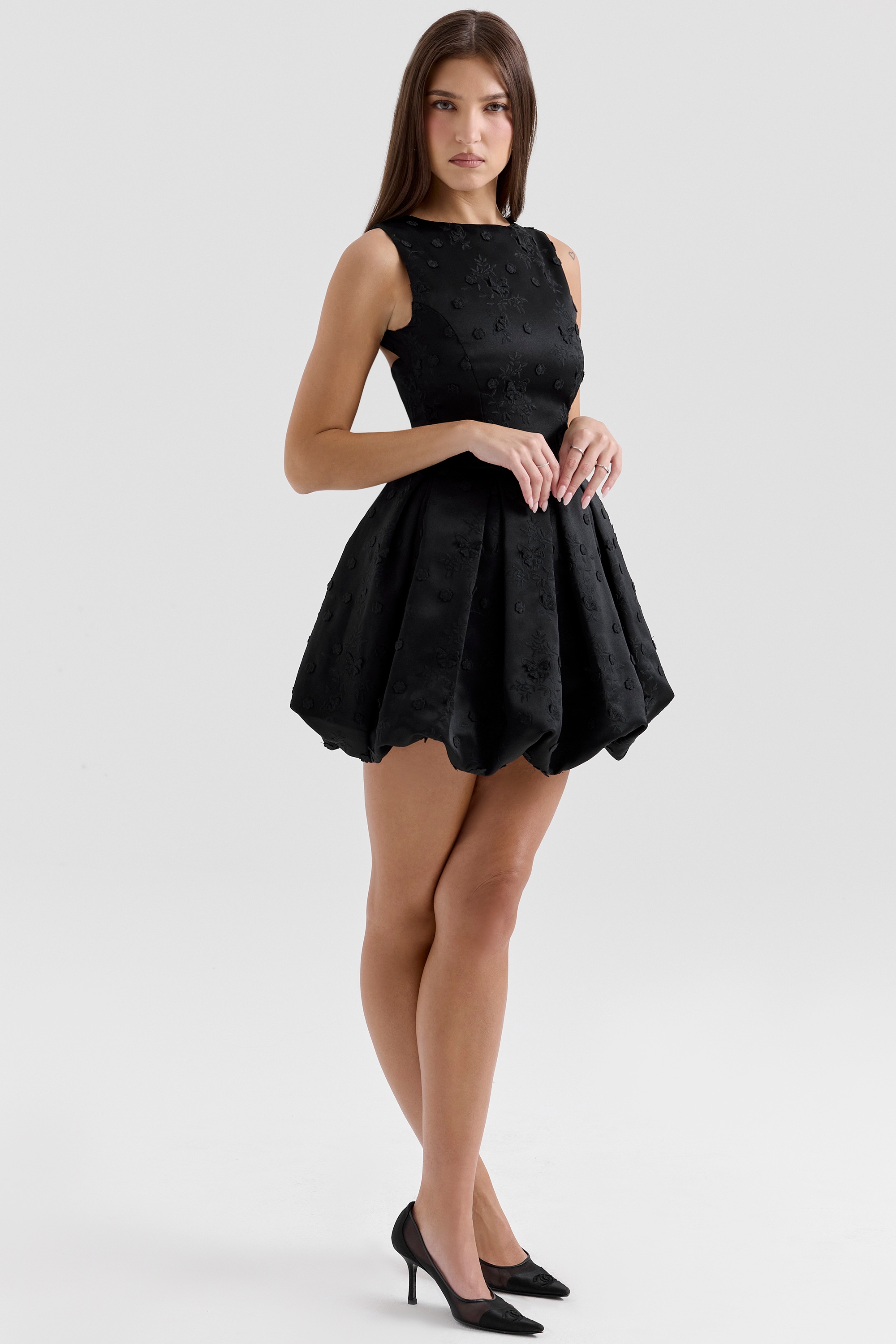 Melika-Black Backless Embroidered Mini Puffball Dress