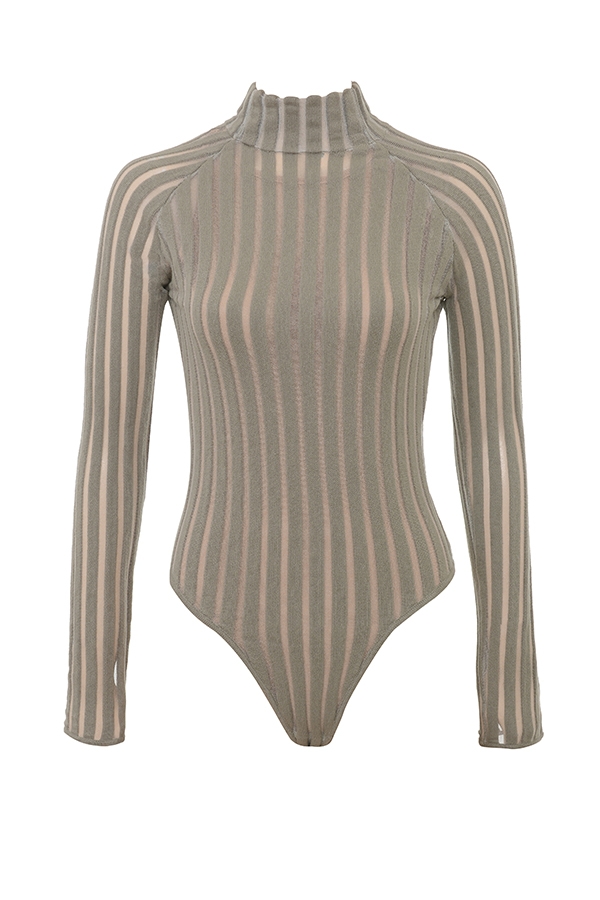Rowena-Grey Velour Sheer Striped Bodysuit