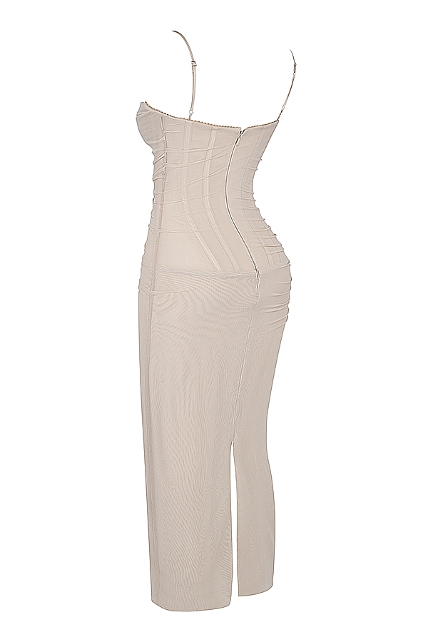 Nalini-Sand Stretch Mesh Maxi Dress
