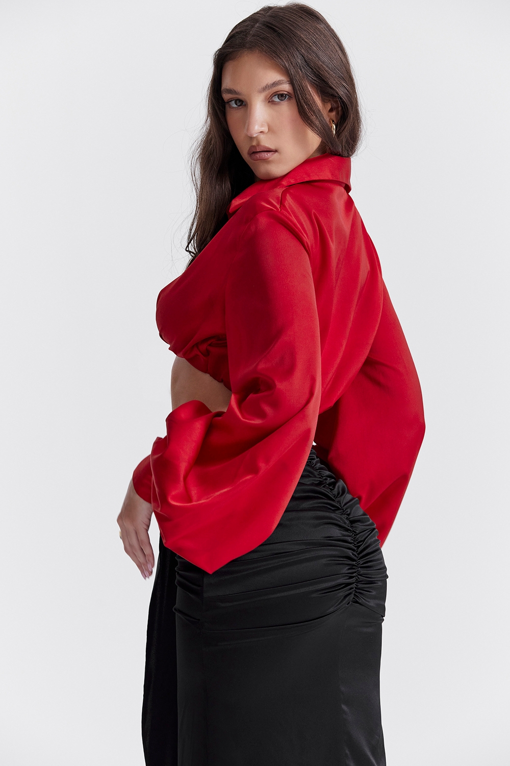 Laraine-Cherry Silk Blouson Top