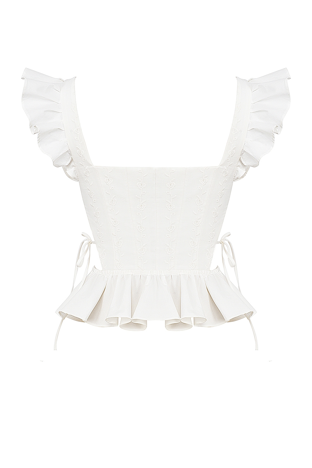 Lilibet-White Embroidered Cotton Peplum Corset Top