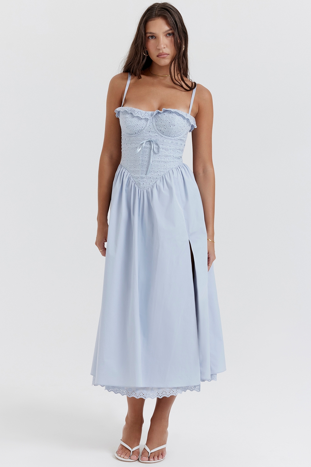 Jaime-Soft Blue Cotton Broderie Anglais Midi SunDress