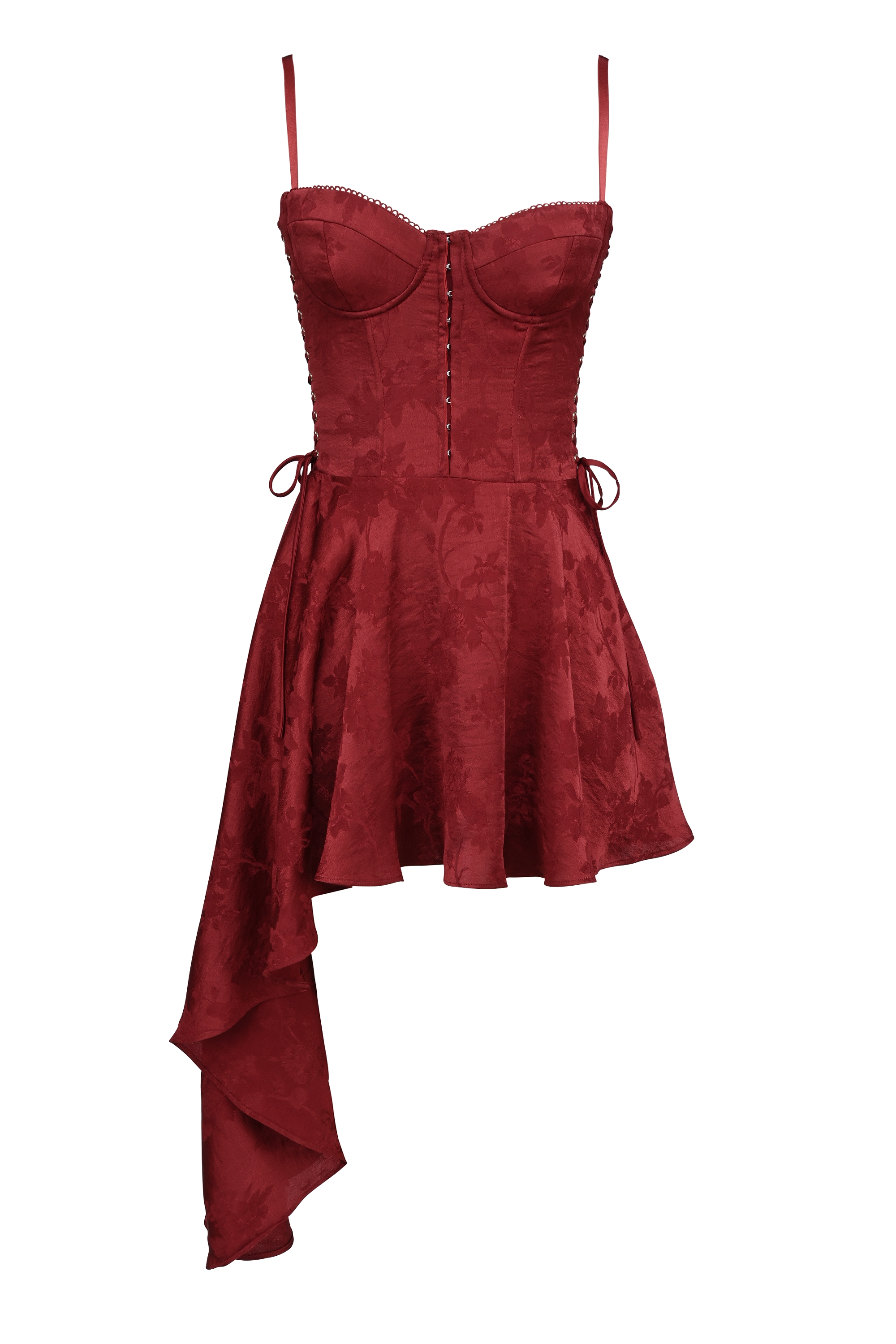 Lola-Wine Jacquard Satin Draped Mini Dress