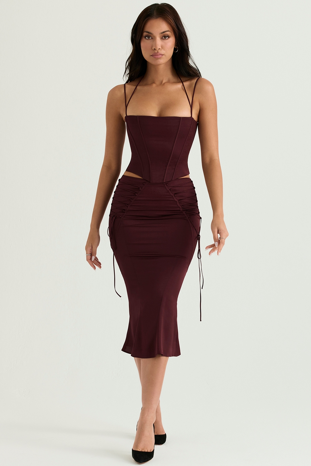 Sidonie-Wine Satin Lace Up Midi Skirt