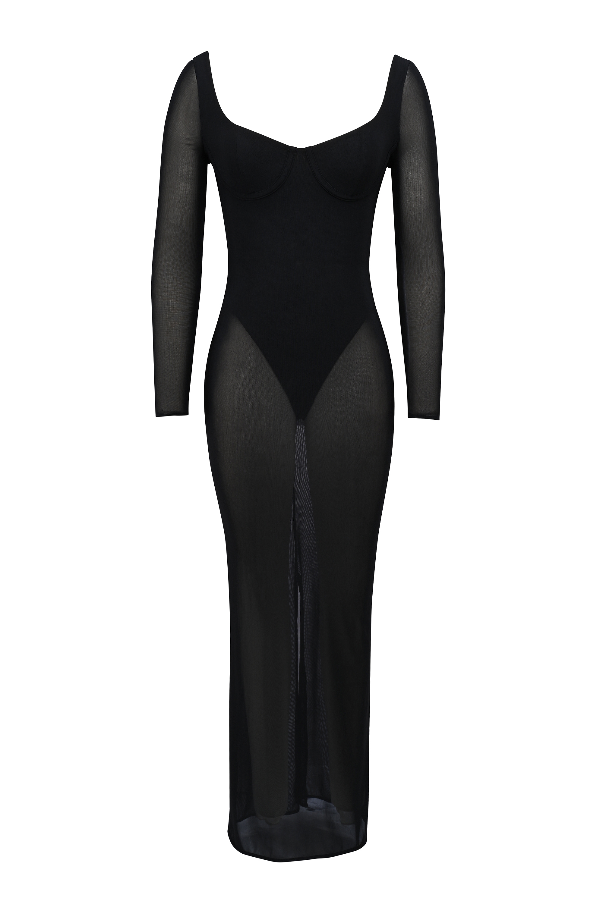 Everly-Black Mesh Maxi Dress with Bodysuit