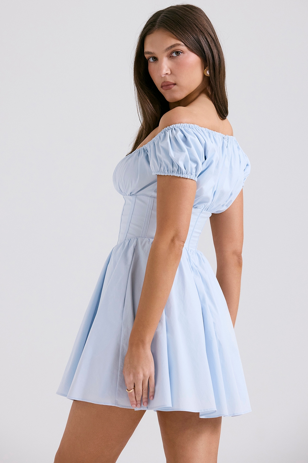 Nala-Soft Blue Cotton Gathered Mini Dress