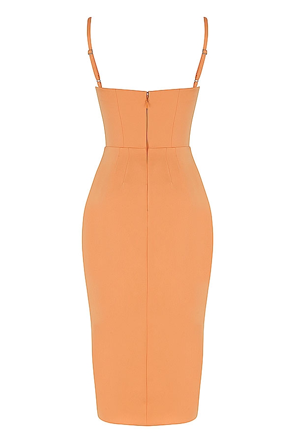 Bianca-Tangerine Satin Pleated Corset Midi Dress