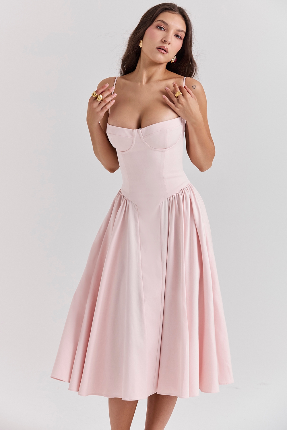 Samaria-Ballerina Pink Twill Corset Midi Dress