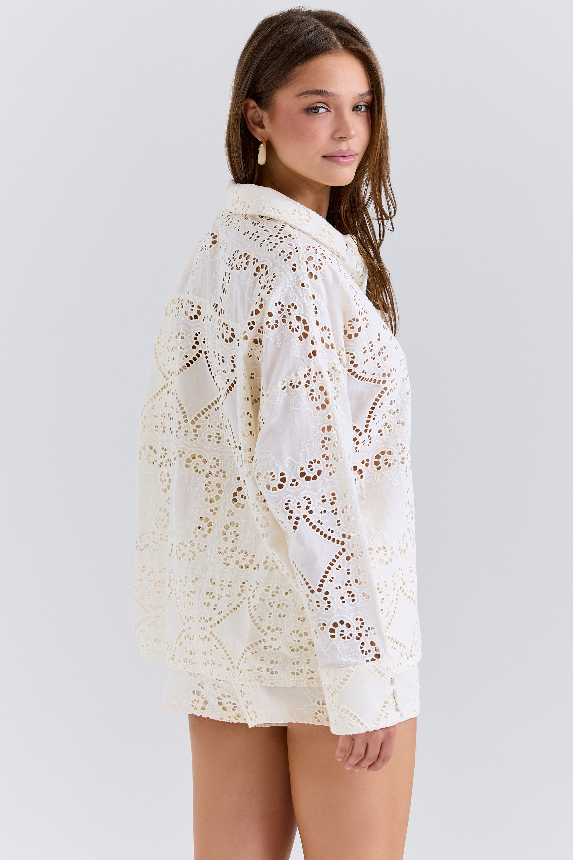 Samah-White Cotton Broderie Anglaise Shirt