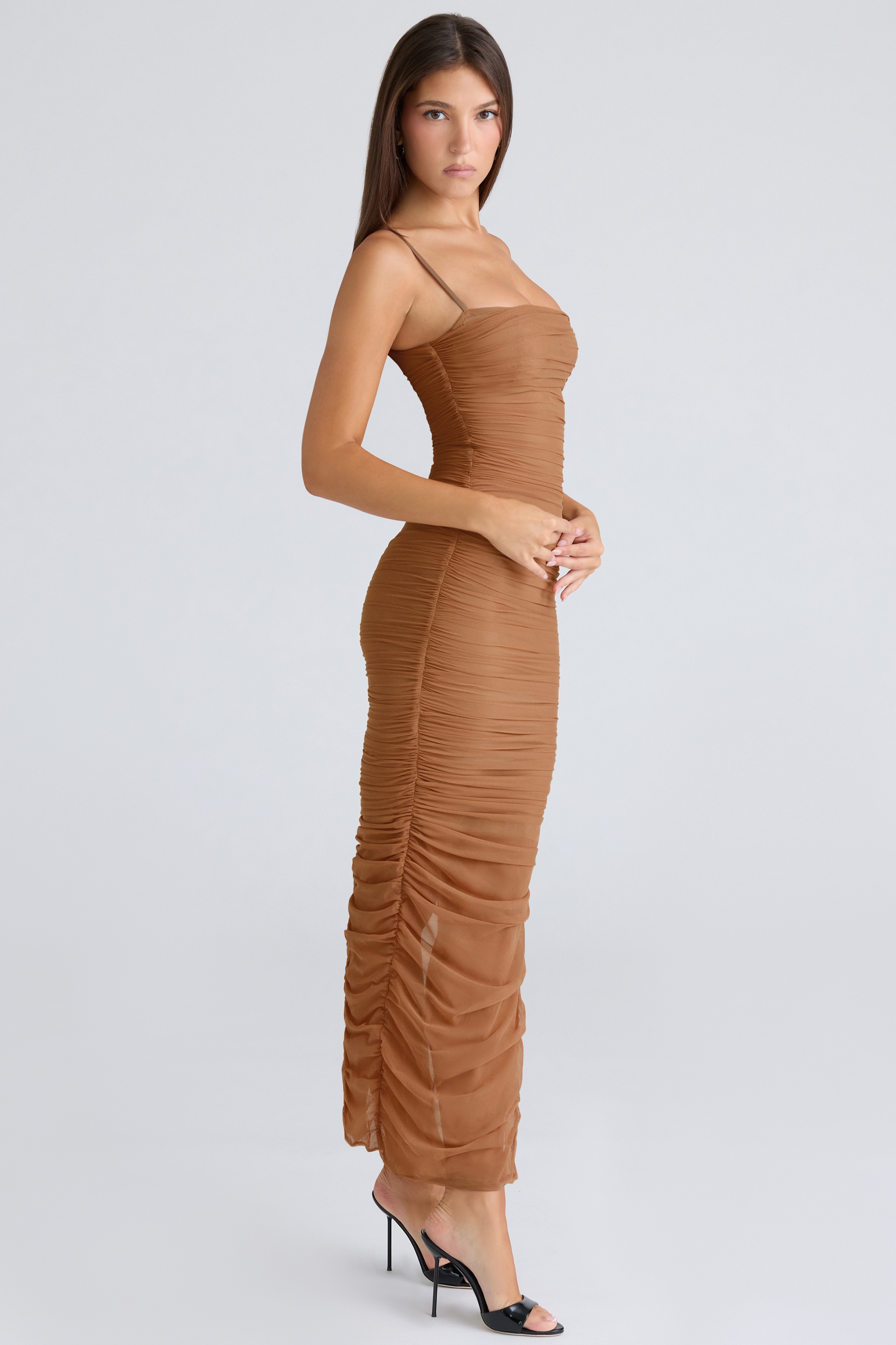 Fornarina-Tan Gathered Stretch Mesh Maxi Dress