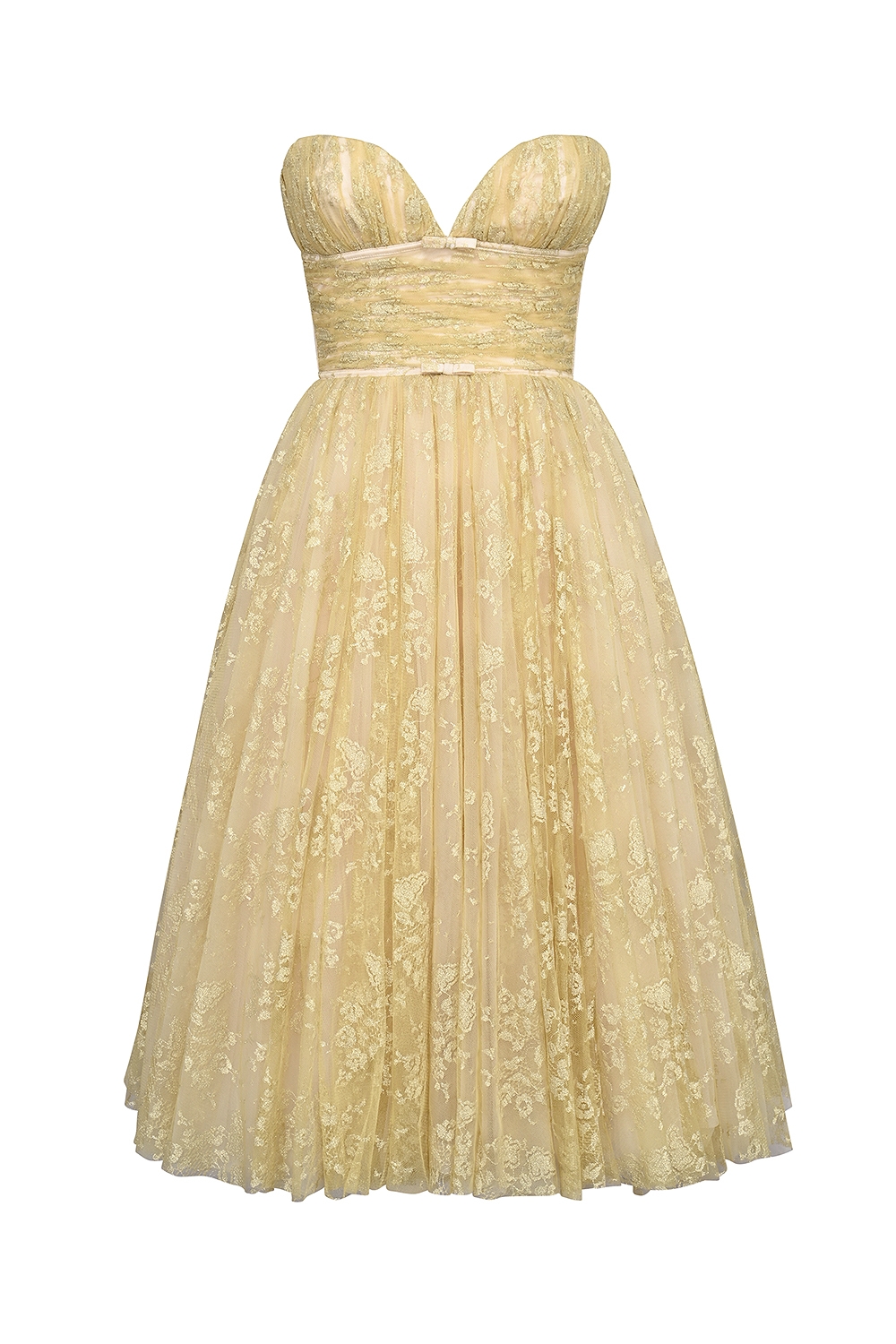 Madame-Gold Metallic Lace Tulle Midi Gown