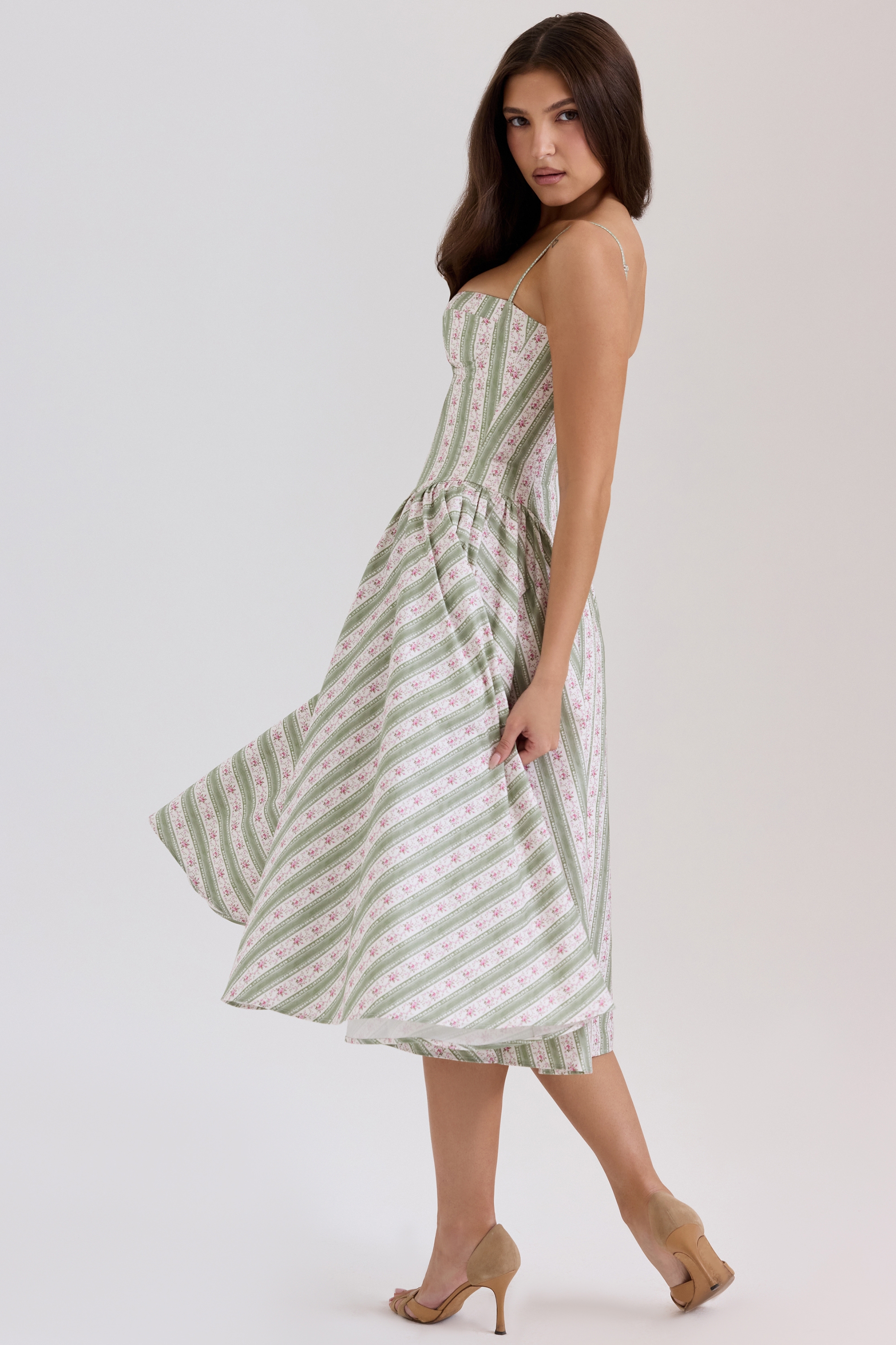 Samaria-Sage Striped Floral Print Cotton Midi Dress