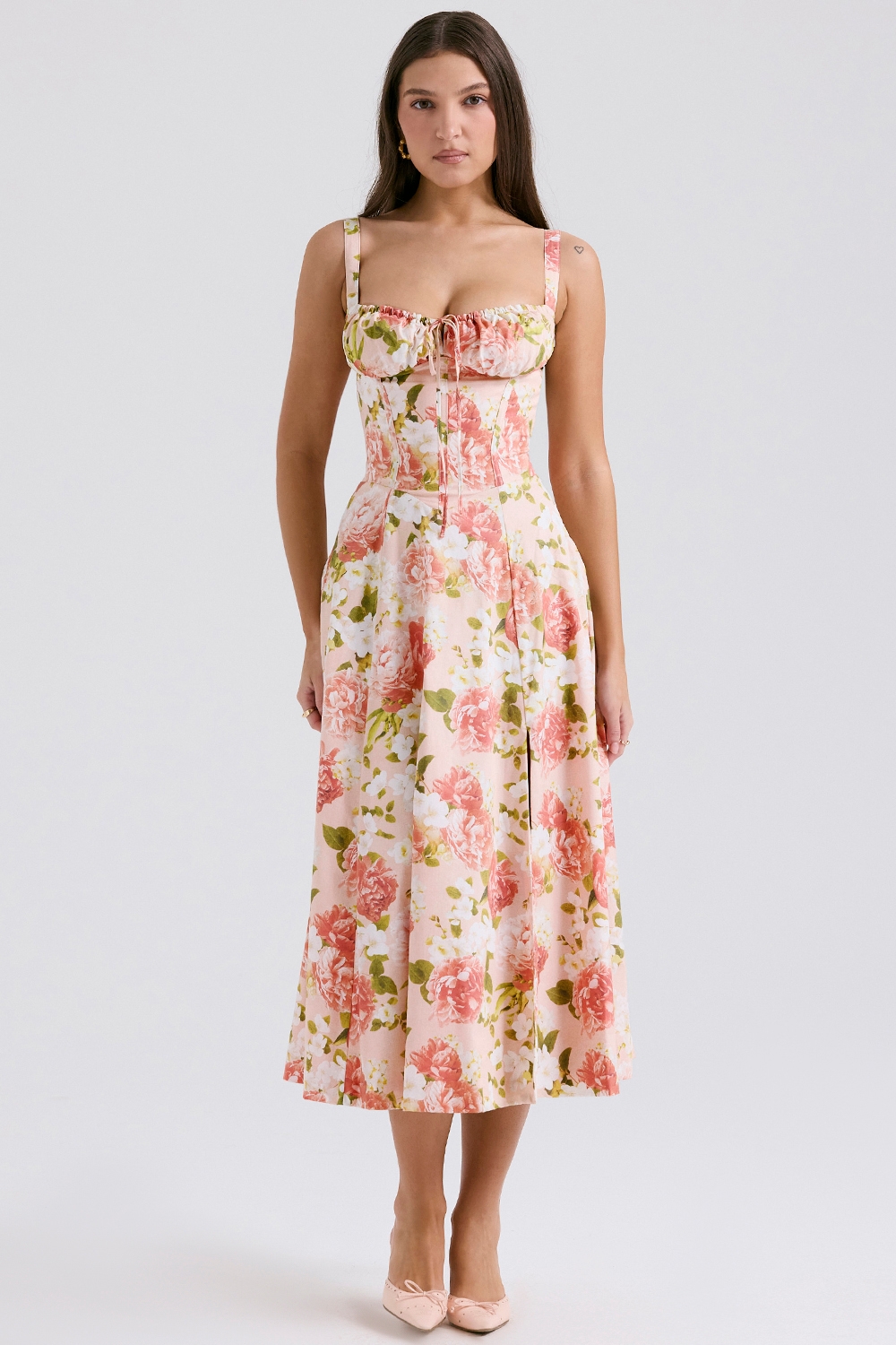 Carmen-Pink Peony Print Cotton Bustier Sundress