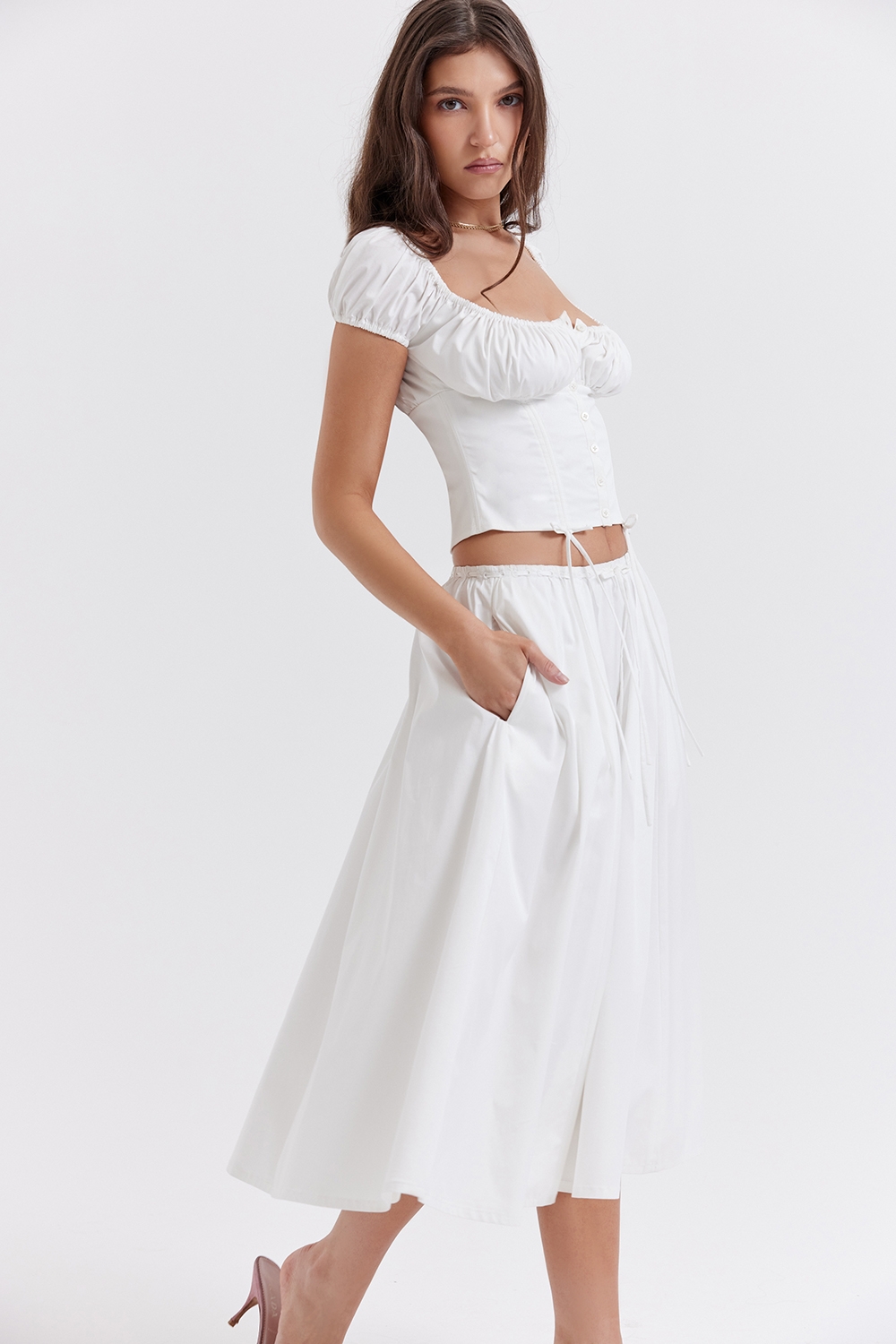 Cora-White Gathered Midi Skirt